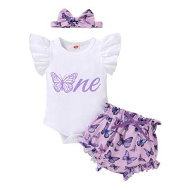 YOUNGER TREE Infant Baby Girl 1st Birthday Outfits Bumble Bee Printed One Romper Shorts Headband Summer Ruffle Sleeve Clothes (Butterflies, 6-12 Months)