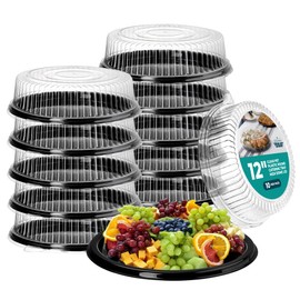 12" Catering Trays with Lids [10 Pack], Black Serving Tray with Clear Lid, Plastic Disposable Round Party Trays and Platters, Flan Containers with Lids, Dessert Sandwich Cookie Food Trays for Parties