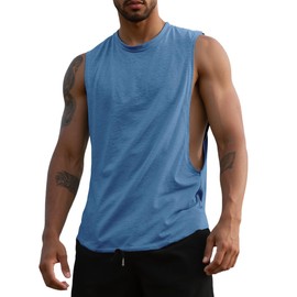 QOSOQ Mens Gym Sleeveless Tank Top Workout Muscle Shirt Cut Open Quick Dry Bodybuilding Vest 1/3 Pack Blue