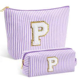 SEFORICO Initial Makeup Bag - Cosmetic Bag Makeup Pouch Make Up Bag Large Capacity Makeup Bag Travel Bag, Teen Girl Gifts Trendy Stuff Self Care Gifts for Women Best Friend Birthday Gifts (Purple P)