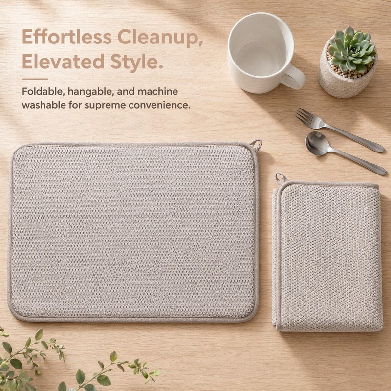 2 Pack Microfibre Dish Drying Mat, Foldable Drainage Mat, Beige