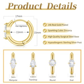 Gold Hoop Earrings for Women Trendy, 14k Real Gold Plated Cubic Zirconia Marquise Oval Teardrop Diamond Huggie Earrings Sterling Silver Post Hypoallergenic Lightweight Dainty Minimalist Jewelry (Marquise-Gold)
