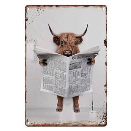 Metal Tin Sign Vintage Highland Cow Toilet Reading Newspaper Humour Funny Animal Whimsy Animal for Home, Bathroom and Toilet Wall Decor 12x8 Inches