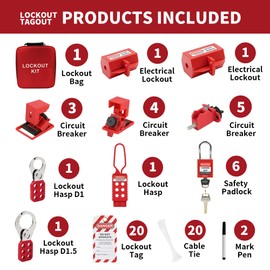HiLKCO Industrial Lockout Tagout Kit - Clamp-On Circuit Breaker Lockout Device, Group Hasps, Multi-Pole Breaker Locks with Tags & Storage Bag (Red)