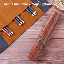 Leather Roll Bag for Pens, Leather Pencil Case, PU Pencil Roll Case, Leather Pencil Case, Multi-Purpose Handmade Pen Bag with Printed Treasure Map for School, Office and Work, brown, leather pen