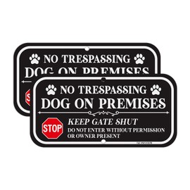 T&R No Trespassing Dog On Premises Sign Keep Gate Shut Do Not Enter Sign - 2 Pack - 12 x 6 Inches Rust Free .040 Aluminum Reflective - UV Protected, Waterproof, Weatherproof and Fade Resistant - 2 Pre-drilled Holes(Black)