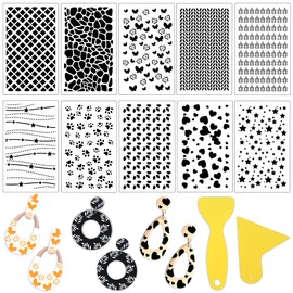 10 Pieces Stencils for Polymer Clay Reusable Plastic Polymer Clay Tools with 2 Pcs Scraper for DIY Polymer Clay Jewelry Making