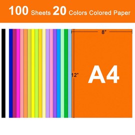 A4 Colored Paper 100 Sheets, Colored Copy Paper A4 Paper (20 Colors), 8.5 x 11.7inch Assorted 70gsm Colored Printer Paper Construction Paper Origami Paper for DIY Kids Art Craft
