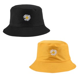 SUNTRADE Unisex Bucket Hat Double Sided Embroidered Summer Travel Beach Sun Visor Outdoor Packable Cap, yellow / black