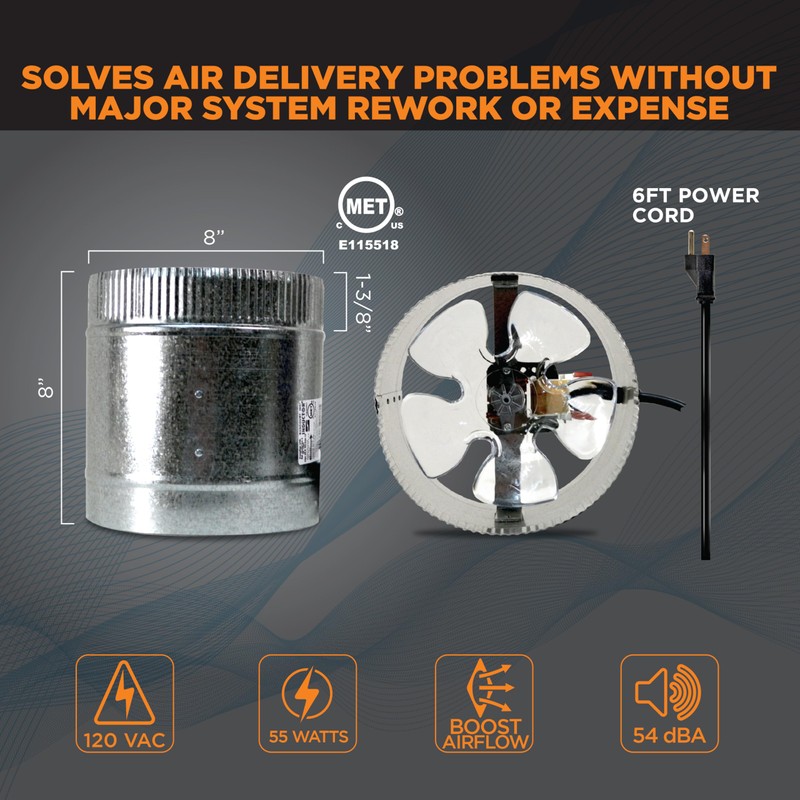 Suncourt 8-Inch Inline Booster Duct Fan — Quiet Single-Speed Inductor