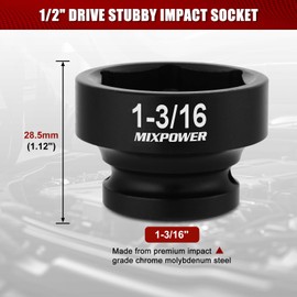 MIXPOWER 1/2" Drive Stubby Impact Socket,CR-MO,1-3/16",6-Point,SAE,Radius Corner Design, Axle Nut Impact Grade Socket for Easy Removal