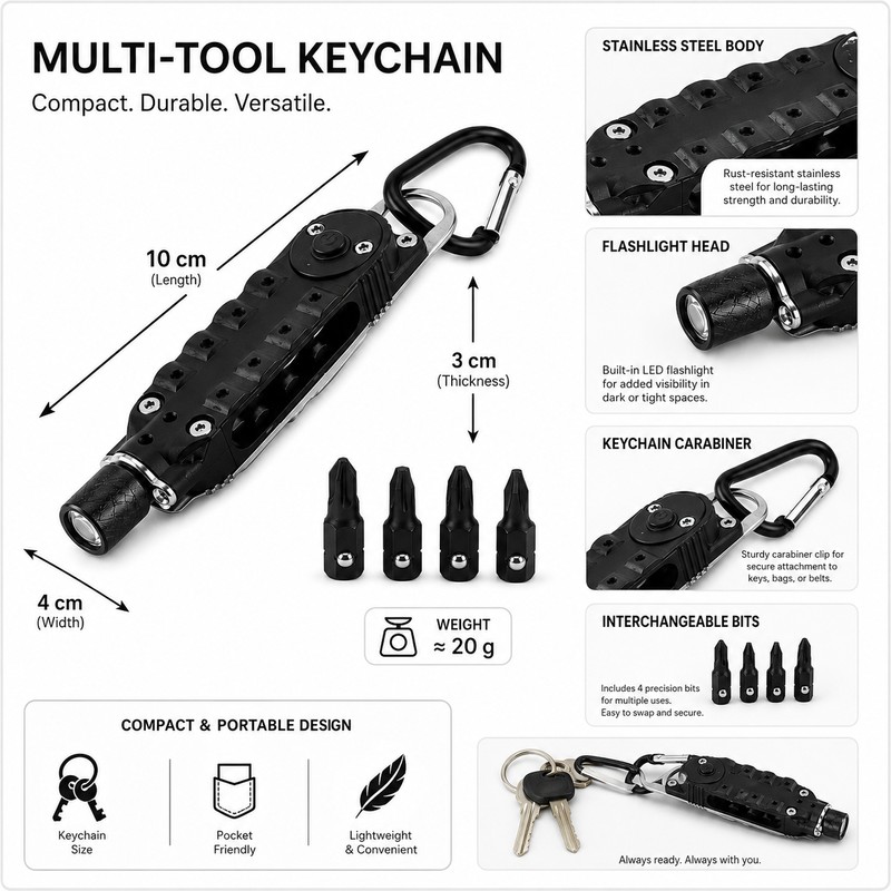 Mini Keychain Multitool for Travel – Stainless Steel Screwdriver, Hex