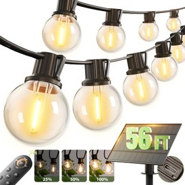 addlon 56FT(50+6) Solar String Lights Outdoor with Remote, 27 Shatterproof G40 Bulbs, Solar Powered & USB Charging Patio Lights, Dimmable Waterproof Solar String Lights for Outside, Camping, Backyard