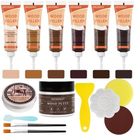 Walnut Wood Furniture Repair Kit, 6 Colors Wood Filler with Wood Putty, Wood Polish Wax for Holes, Scratches, Cracks, Stains, Restore Tables, Doors, Floors, Cabinet, Oak, Walnut - Set of 15