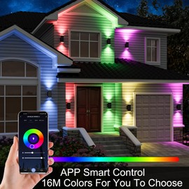 WISELUME Smart RGB Outdoor Wall Lights, 2 Pack Dusk to Dawn Porch Lights, Cylinder Up and Down Lights Outdoor Wall Sconce, Exterior Lighting Fixture Compatible with Smart Life & Tuya Smart