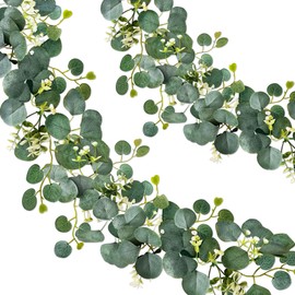 ROLLWAY Pack of 2 Eucalyptus Garland, Artificial Garland Plant, 1.8 m, Hanging Green Leaves, Decoration with White Flowers, Silver Dollar, Eucalyptus Vine, for Background, Wedding, Arch, Grey Green