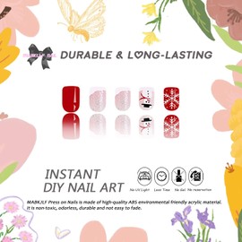 Christmas Press on Nails Short Square MABKJLF White French Tip Fake Nails Red False Nails with Designs Snowman Snowflake Glitter Full Cover Glossy Glue on Nails for Women Girls 24 Pcs