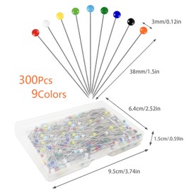 Redamancy Pack of 300 Pins with Head, 38 mm Colourful Glass Head Pins, Stainless Steel Pins, Glass Head Pins for Crafts, Sewing, Hemming, Crafts, Jewellery Components, Decoration