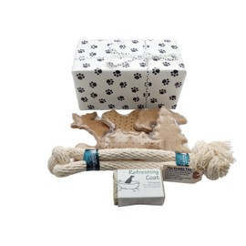 SanAndCo Pampered Puppy Welcome Box - Made in NH Treats Tug Toy and Refreshing Shampoo - in Paw Print Wrapped Box