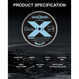 ANGELSWORD 14 inch 120T Aluminum Miter Saw Blade/Chop Saw Blade, 1" Arbor, for Aluminum and Non-Ferrous Metal Cutting