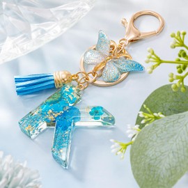 MWOOT Initial Letter K Keychain Resin Alphabet Keyrings,Blue Petals Gold Foil Key Ring Charm with Butterfly Tassel Pendant,Kawaii Key Chain for Womens Gift Ideas Wallet Purse Bag Handbag Decor(K)