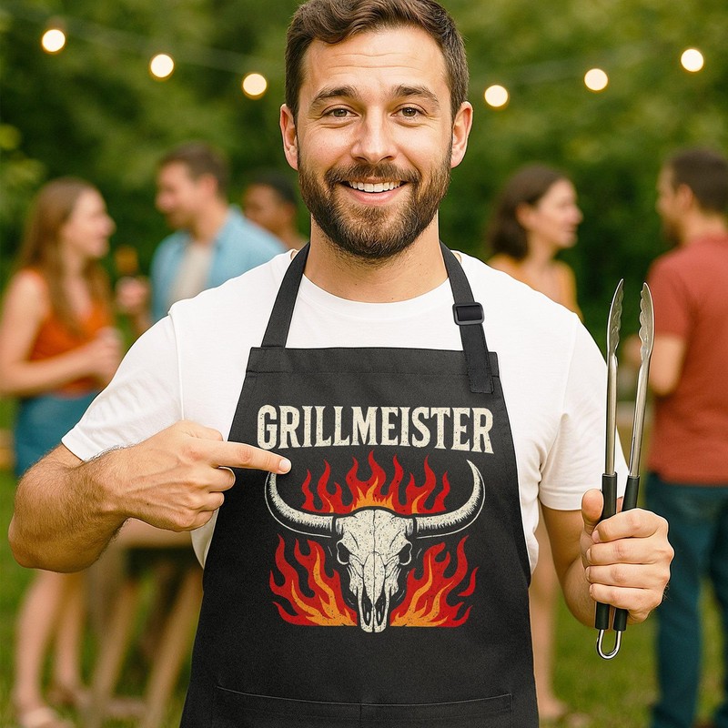 MoonWorksGrillschürze für Männer Grillmeister Flammen Bullenschädel Geschenkidee Kochschürze Herren für