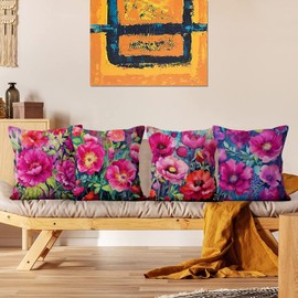 ASDCXZ Pillow Cover Retro Flowers 40x40 cm 4er Set, Oiled Rose Red Flower Sofa Cushion Covers Cushion Covers Washable Polyester Flax Textile Outdoor Upholstery Pillow Cover Cushion Cover