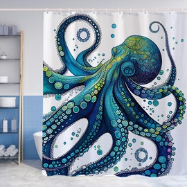 Winteriew Octopus Shower Curtain Sea Monster Kraken Theme Fabric Bathroom Decor Sets with Hooks Waterproof 72H x 72W inches Blue White