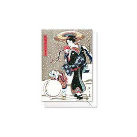 Christmas Greeting Card - Japanese Ukiyo-e Art Card with Envelope (Beauty and Children In Snow) - code K28