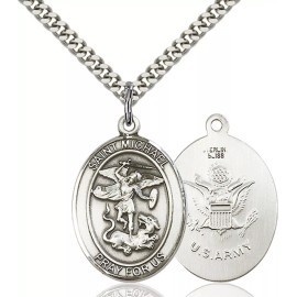 Bliss Sterling Silver Saint Michael / Army Medal Pendant Necklace 24" Chain PrayerCard