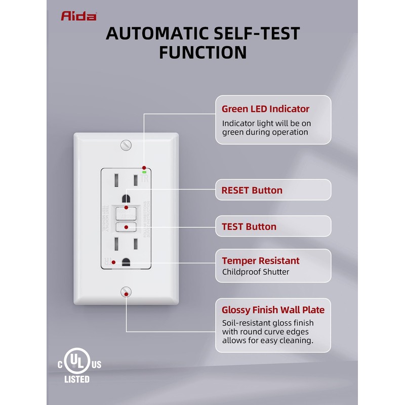 AIDA GFCI Outlets 15 Amp, Self-Test Electrical Outlet, GFI Tamper-Resistant