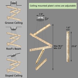 dolria Modern Chandeliers Linear Light for Dining Room Crystal LED Ceiling Pendant Light Fixtures Dimmable High Ceiling Chandeliers for Living Room Staircase Bedroom Kitchen Island Foyer 2700K 6000K