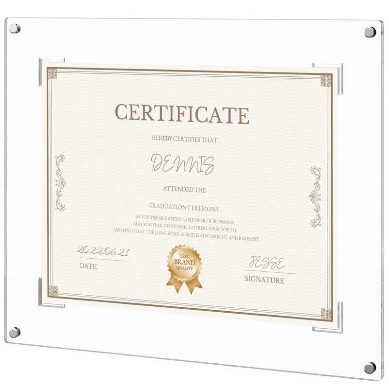 NIUBEE Diploma Frame 8.5x11-4mm Clear Acrylic Floating Document Frame