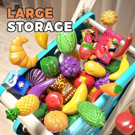 Jovow 102pcs Kids Shopping Cart Trolley Play Set with Pretend Food and Accessories,Perfect for Ages 3+ Pretend Play and Role-Playing Games