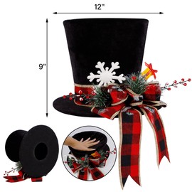 yofit Christmas Tree Topper Hat, Black Velvet Hat with Red Buffalo Plaid Bow Red Berry Snowflake, Christmas Tree Decorations Top Hat, Desktop Ornaments for Home Holiday Winter Decor