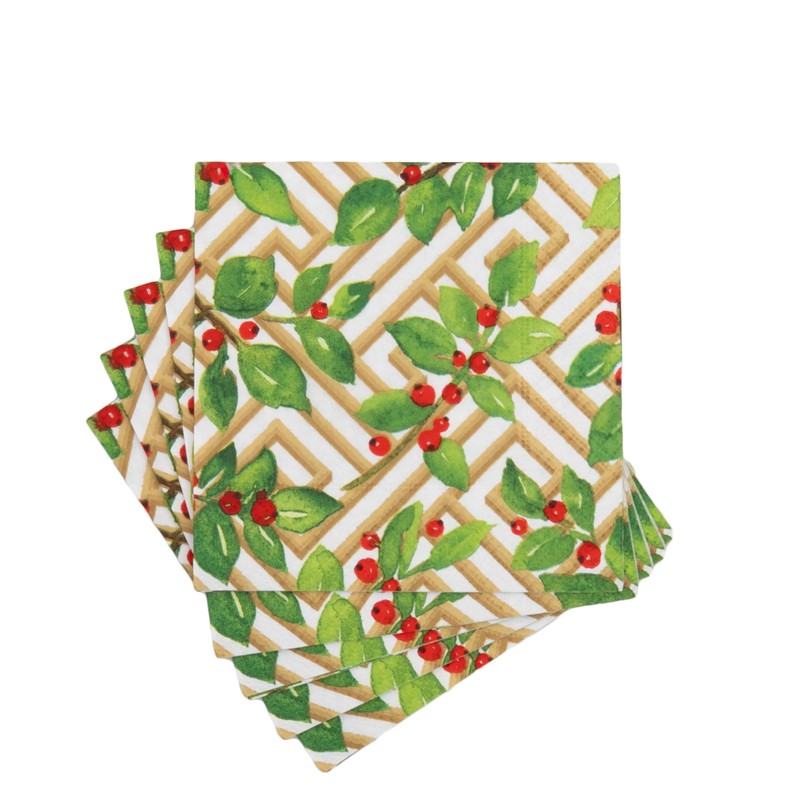 Caspari Holly and Fretwork White Cocktail Napkins - includes 20