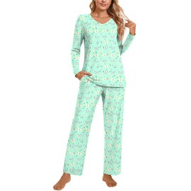 POPYOUNG Womens Fall-Winter 2 Piece Pajama Sets Long sleeve V-neck Tunic Tops with Comfy Pants Lounge Sleepwear Ladies Pjs Sets with Pockets XL, Colorful green butterflies