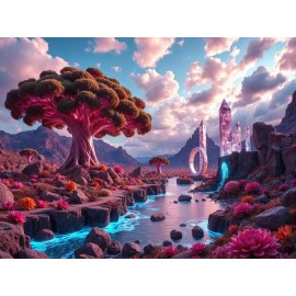 Pink Trees and Glowing Crystals Adorn a Vibrant, Alien Landscape Poster 18 x 24