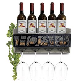 CoTa Global Modern Grey Wall Mounted Wine Rack - Wooden Wine Bottle Holder for 5 Bottles & 4 Wine Glasses with Cork Storage, Hanging Metal Home Sign & Organizer Wood Shelf for Wine Bar & Home DÃ©cor