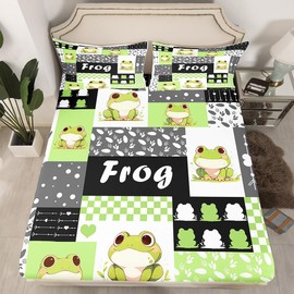 Lovely Frog Bed Sheet Set 3 Pieces,Cartoon Nature Wild Animal Silhouette Bedding Set(No Flat Sheet),Geometric Green Gray Black Plaids Patchwork Fitted Sheet,2 Pillow Cases,Double Size
