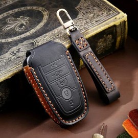 Leather Key Cover Remote Fob Case Holder Fit For 2017-2021 Ford F150 Pickup Tailgate 5 Button (Black)