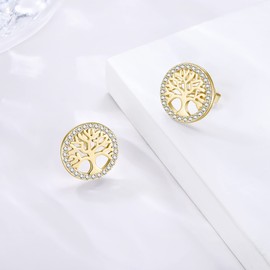 Jrêveinfini Tree of Life Earrings Women's 925 Sterling Silver Stud Earrings with Gift Box Gift for Her Wife Girlfriend Mum Valentine's Day Christmas Mother's Day Diameter 12 mm, Sterling Silver Cubic