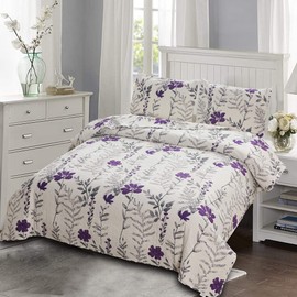 Vintage Grey Leaves Purple Floral Bedding Set - King Size Bedspread, Coverlet, Reversible Quilt