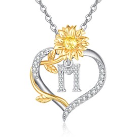 AENEAS Initial M Sunflower Necklace Women Gold Plated Sterling Silver Letter Heart Pendant Jewelry Gift to Mom Birthday Anniversary Christmas