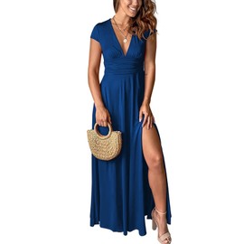 Yuopeid Women's Deep V Neck Cap Sleeve Solid Color Pleated High Waist Sexy Slit Club Party Evening Maxi Long Dress Blue M