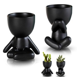 Cute Mini Ceramic Flower Pots Flower Pots Succulents 2 Pieces Creative Small Figures Mini Flower Pots Indoor Small Flower Pots for Table Patio Home Decoration (Black)