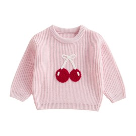Toddler Baby Girl Embroidery Cherry Sweaters Crew Neck Jumpers Spring Casual Long Sleeve Knitted Pullover Tops (Pink, 12-18 Months)