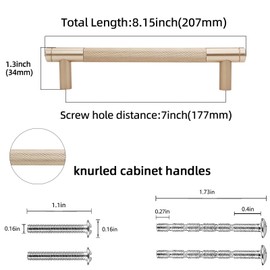 POVEFONK 7 Inch Champagne Bronze Cabinet Handles - 10 Pack Knurled Pulls for Kitchen Drawers, Cabinets, Dressers - Gold Hardware