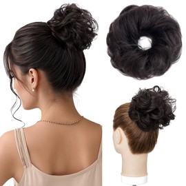 Hairro Messy Bun Human Hair Piece for Women, Curly Wavy Fake Bun Updo Scrunchies Hairpiece 100% Real Human Hair Extensions, Natural Black