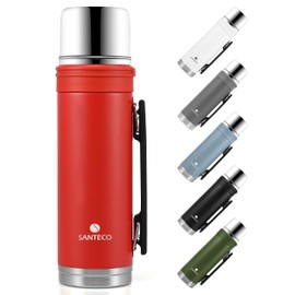 SANTECO Thermoskanne 1L - Thermoskanne mit Trinkbecher für unterwegs - Thermosflasche Edelstahl mit griff - Auslaufsicher Isolierflasche Kaffee & Tee - BPA Frei, für Heiß und Kalt